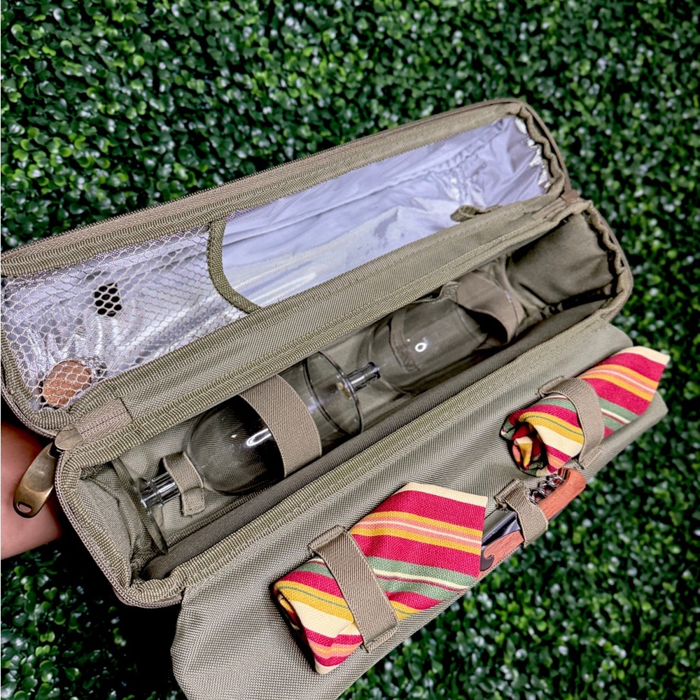 Olive Green Picnic Wine Glass Carrier and Utensil Pouch